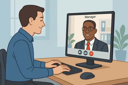 The image features an employee and a manager having a virtual oneonone call through their computers-1