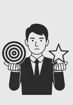 Businessman holds a target in one hand and a star in the other to represent comparing employee rewards.