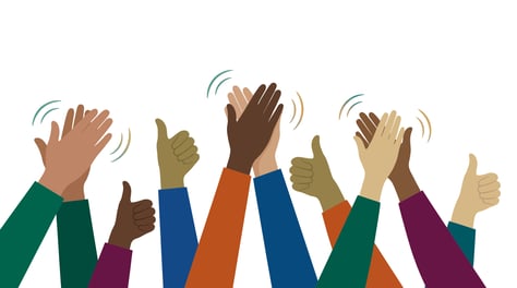 Diverse multiracial business professionals hands clapping and giving thumbs up on white background, concept for team achievement, employee recognition 