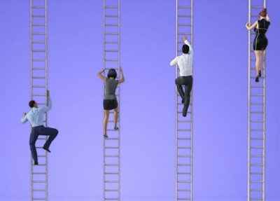 business people climb ladders as they follow the steps to building employee recognition programs