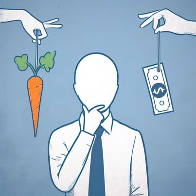 Business person choosing between dollar and carrot