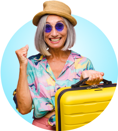 woman with a suitcase is thrilled with her employee travel benefits